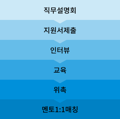 지원 절차. 직무설명회, 지원서 제출, 인터뷰 교육, 위촉, 멘토1:1 매칭