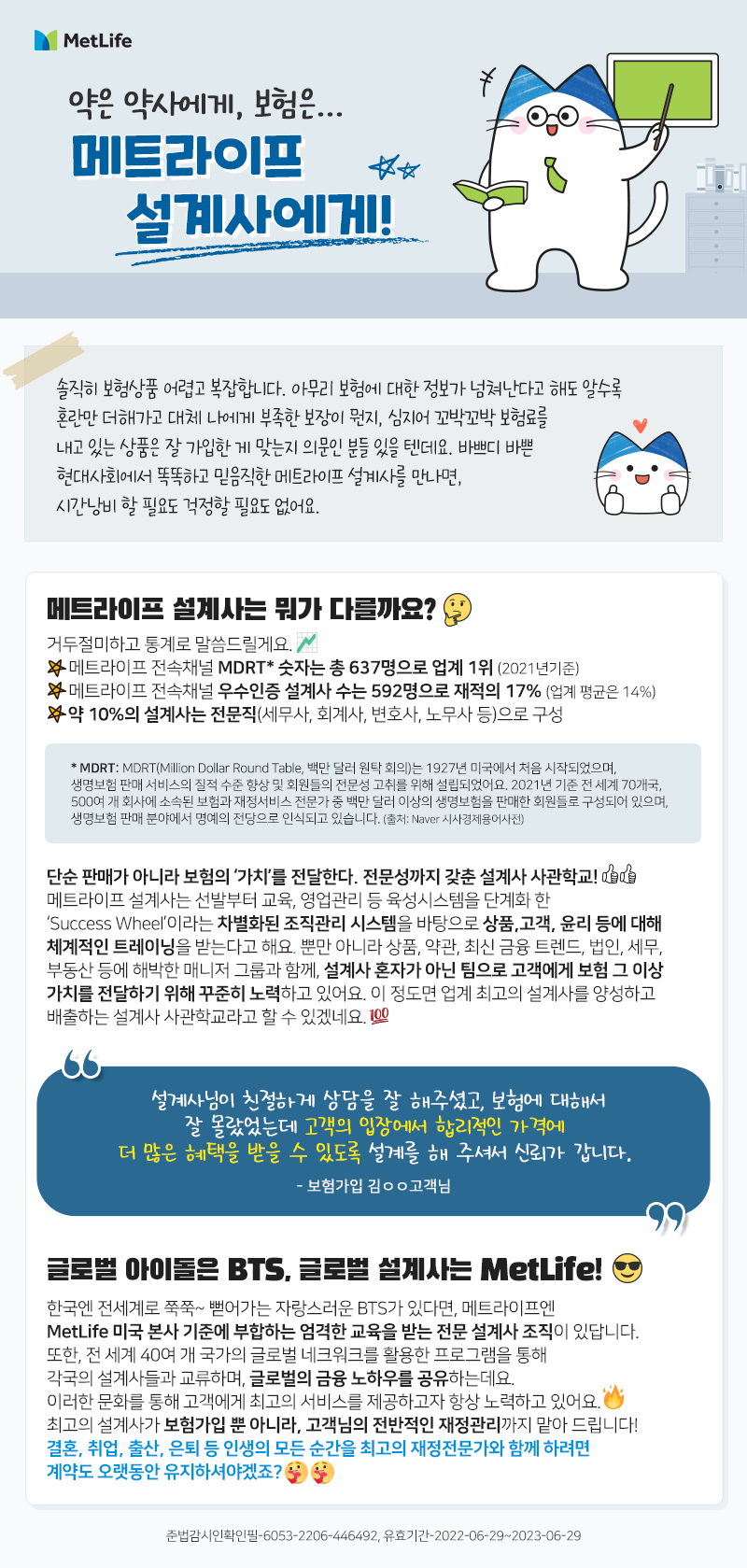 약은 약사에게, 보험은 메트라이프 설계사에게  솔직히 보험상품 어렵고 복잡합니다. 아무리 보험에 대한 정보가 넘쳐난다고 해도 알수록 혼란만 더해가고 대체 나에게 부족한 보장이 뭔지, 심지어 꼬박꼬박 보험료를 내고 있는 상품은 잘 가입한 게 맞는지 의문인 분들 있을 텐데요. 바쁘디 바쁜 현대사회에서 똑똑하고 믿음직한 메트라이프 설계사를 만나면, 시간낭비 할 필요도 걱정할 필요도 없어요.   메트라이프 설계사는 뭐가 다를까요? 거두절미하고 통계로 말씀드릴게요. ✔메트라이프 전속채널 MDRT* 숫자는 총 637명으로 업계 1위 (2021년기준) ✔메트라이프 전속채널 우수인증 설계사 수는 592명으로 재적의 17% (업계 평균은 14%) ✔약 10%의 설계사는 전문직(세무사, 회계사, 변호사, 노무사 등)으로 구성  단순 판매가 아니라 보험의 ‘가치’를 전달한다. 전문성까지 갖춘 설계사 사관학교! 메트라이프 설계사는 선발부터 교육, 영업관리 등 육성시스템을 단계화 한 ‘Success Wheel’이라는 차별화된 조직관리 시스템을 바탕으로 상품, 고객, 윤리 등에 대해 체계적인 트레이닝을 받는다고 해요. 뿐만 아니라 상품, 약관, 최신 금융 트렌드, 법인, 세무, 부동산 등에 해박한 매니저 그룹과 함께, 설계사 혼자가 아닌 팀으로 고객에게 보험 그 이상 가치를 전달하기 위해 꾸준히 노력하고 있어요. 이 정도면 업계 최고의 설계사를 양성하고 배출하는 설계사 사관학교라고 할 수 있겠네요.  “설계사님이 친절하게 상담을 잘해주셨고,  보험에 대해서 잘 몰랐었는데  고객의 입장에서 합리적인 가격에  더 많은 혜택을 받을 수 있도록 설계를 해 주셔서 신뢰가 갑니다.”  - 보험가입 김ㅇㅇ고객님 -  글로벌 아이돌은 BTS, 글로벌 설계사는 MetLife! 한국엔 전세계로 쭉쭉~ 뻗어가는 자랑스러운 BTS가 있다면, 메트라이프엔 MetLife 미국 본사 기준에 부합하는 엄격한 교육을 받는 전문 설계사 조직이 있답니다. 또한, 전 세계 40여 개 국가의 글로벌 네크워크를 활용한 프로그램을 통해 각국의 설계사들과 교류하며, 글로벌의 금융 노하우를 공유하는데요. 이러한 문화를 통해 고객에게 최고의 서비스를 제공하고자 항상 노력하고 있어요. 최고의 설계사가 보험가입 뿐 아니라, 고객님의 전반적인 재정관리까지 맡아 드립니다! 결혼, 취업, 출산, 은퇴 등 인생의 모든 순간을 최고의 재정전문가와 함께 하려면 계약도 오랫동안 유지하셔야겠죠?  * MDRT: MDRT(Million Dollar Round Table, 백만 달러 원탁 회의)는 1927년 미국에서 처음 시작되었으며, 생명보험 판매 서비스의 질적 수준 향상 및 회원들의 전문성 고취를 위해 설립되었어요. 2021년 기준 전 세계 70개국, 500여 개 회사에 소속된 보험과 재정서비스 전문가 중 백만 달러 이상의 생명보험을 판매한 회원들로 구성되어 있으며, 생명보험 판매 분야에서 명예의 전당으로 인식되고 있습니다. (출처: Naver 시사경제용어사전)
