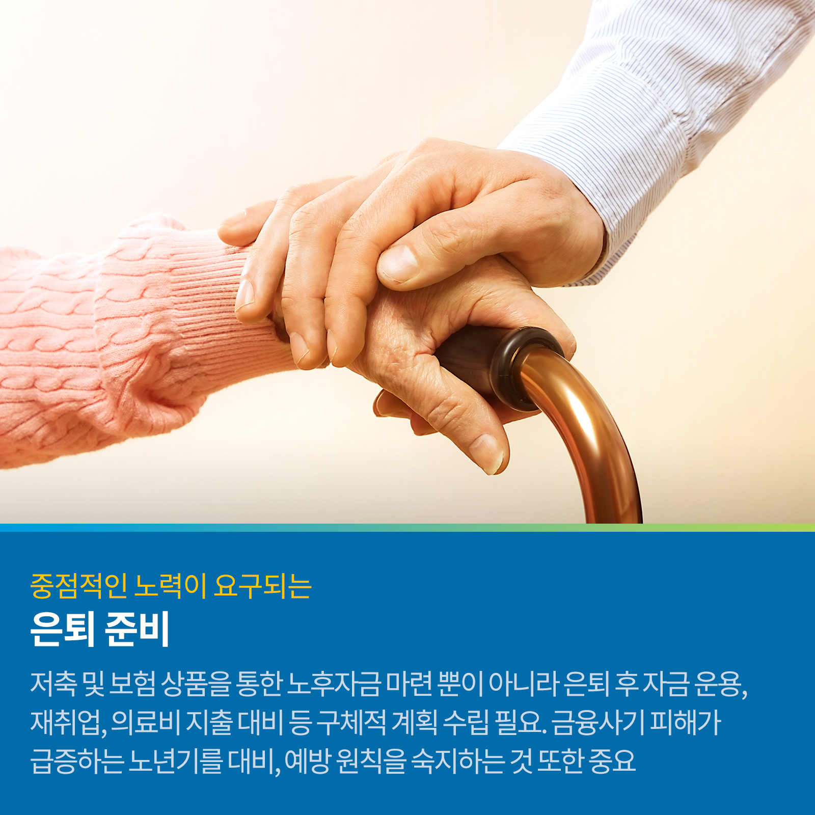 중점적인 노력이 요구되는 은퇴준비 저축 및 보험상품을 통한 노후자금 마련 뿐 아니라 은퇴 후 자금운용, 재취업, 의료비 지출 대비 등 구체적 계획수립 필요. 금융사기 피해가 급증하는 노년기를 대비, 예방원칙을 숙지하는 것 또한 중요