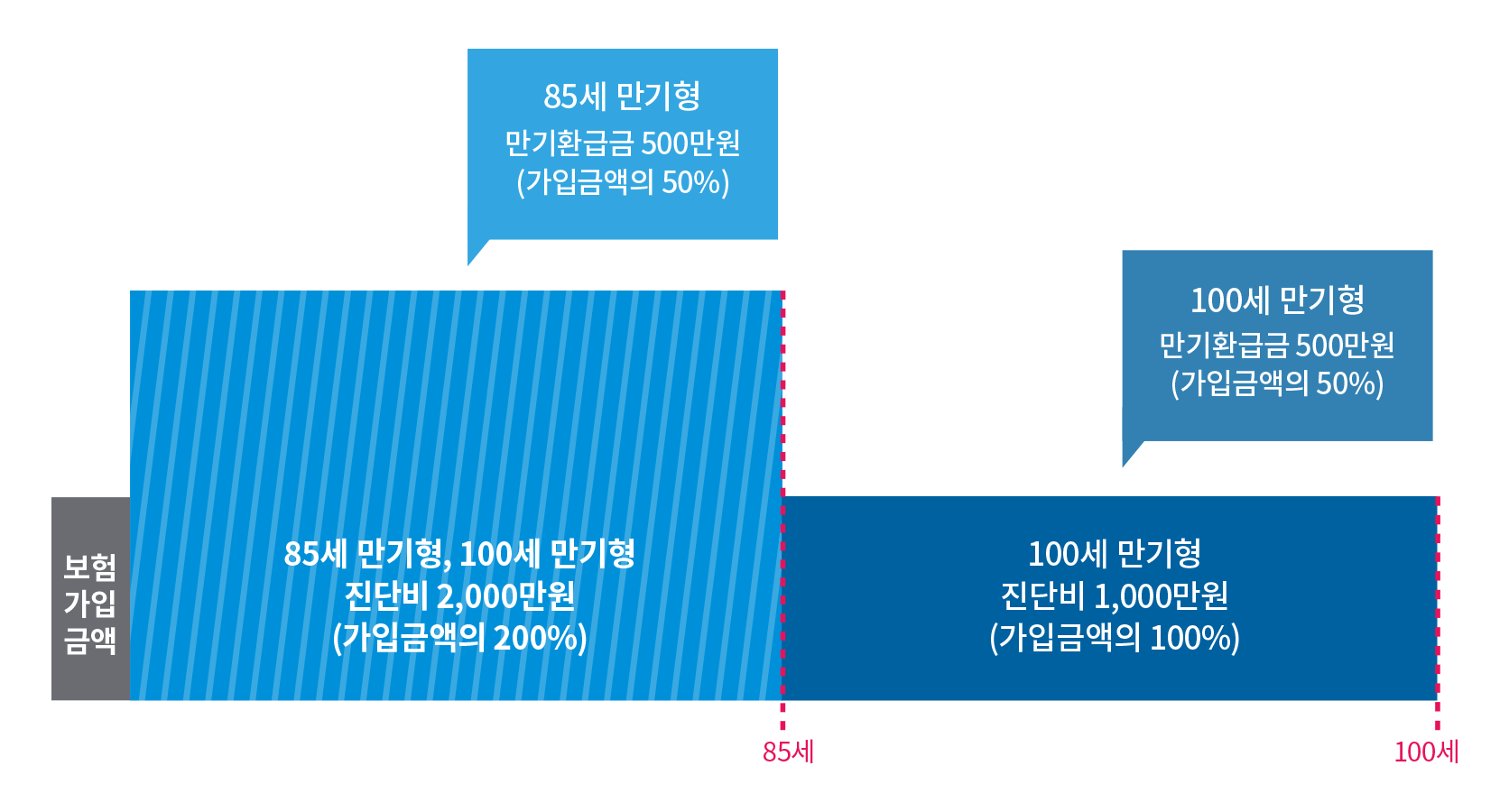 기본상품구조: 85세 만기형은 보험가입금액의 200%를 진단비와 만기환급금은 가입금액의 50%로 보장하며, 100세 만기형은 가입금액의 100%를 진단비와 만기환급금은 가입금액의 50%로 보장함로 보장