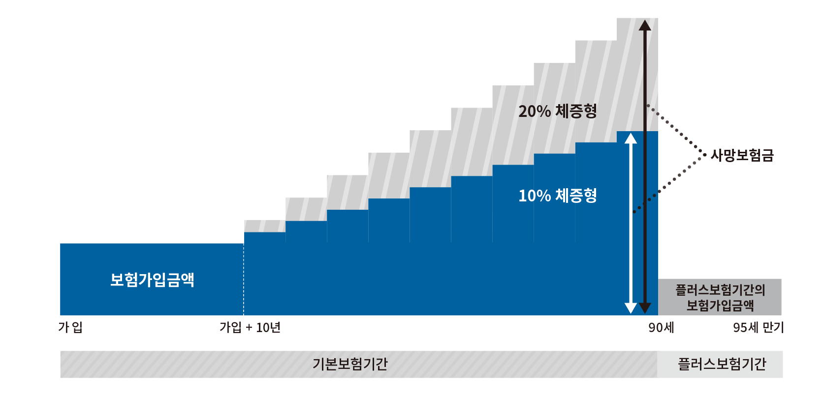 기본상품구조, 가입 10년 이후부터 매년 사망보험금이 체증되며, 90세부터 95세 만기까지는 플러스보험기간