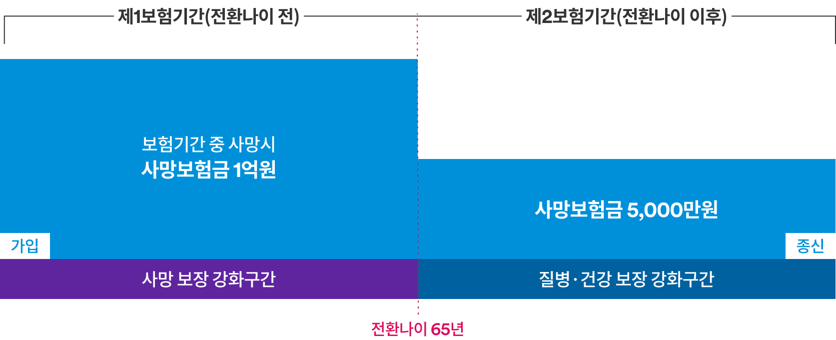 경제활동기 사망보장강화.  전환나이 65세 이전은 사망보장 강화구간으로 보험기간 중 사망시 사망보험금 1억원이며, 전환나이 이후는 질병 건강보장 강화기간으로  사망보험금 5,000만원임