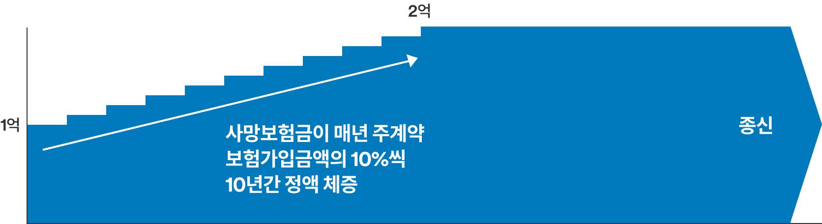 체증형. 사망보험금이 매년 주계약 보험가입금액 1억이 10%씩 10년간 정액 체증하여 이 후 2억을 종신토록 보장